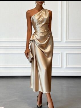 One-Shoulder Satin Gold Evening Dress